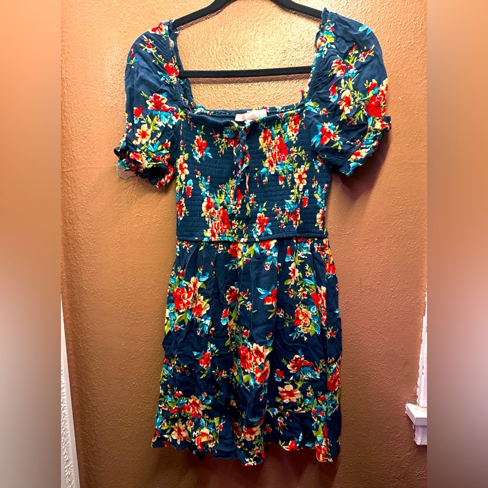 Floral Blue smocked square neck Babydoll dress size small